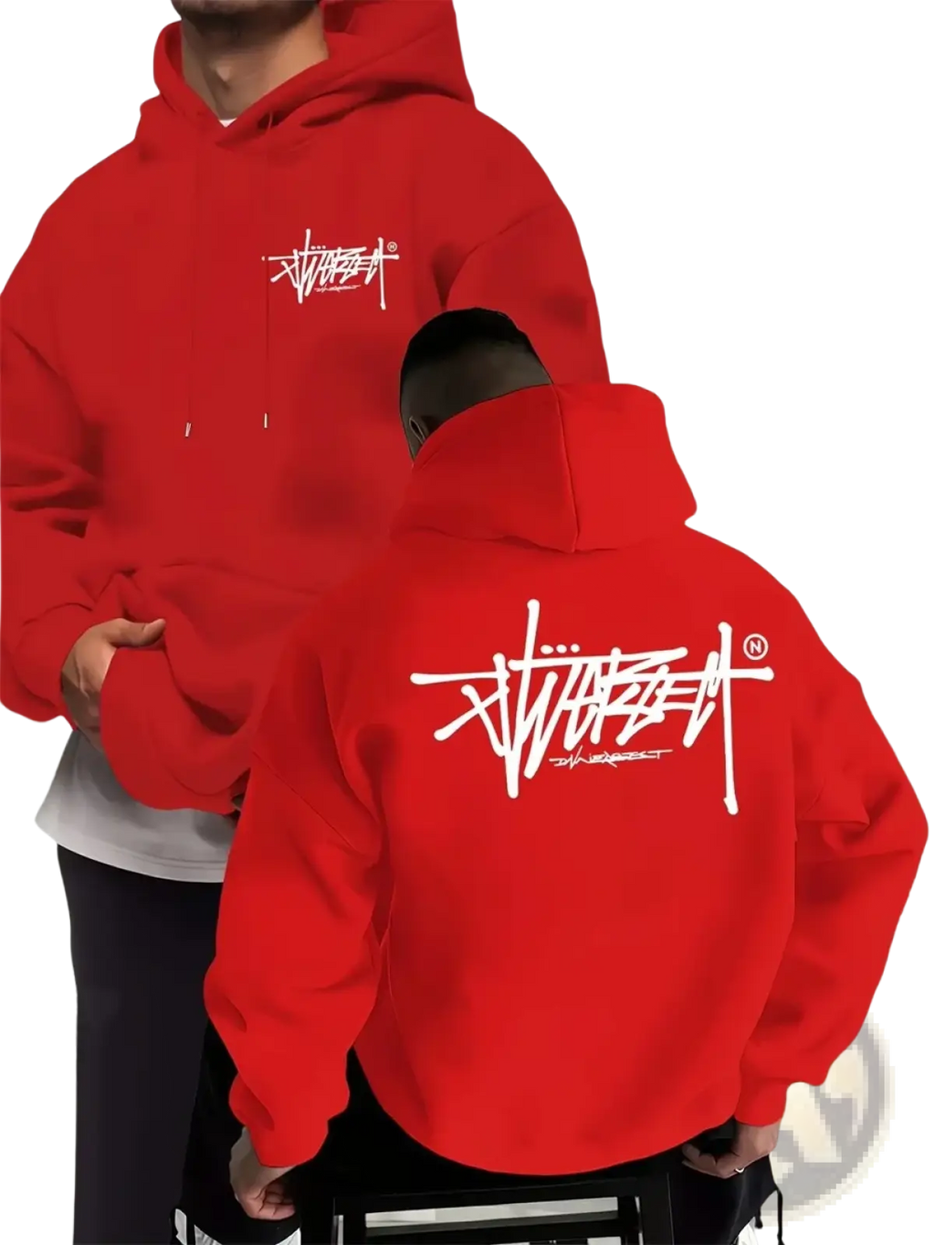 Red stussy graffiti pullover hoodie with white graffiti style logo on front and back for casual menswear