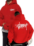 Red stussy graffiti pullover hoodie with white graffiti style logo on front and back for casual menswear