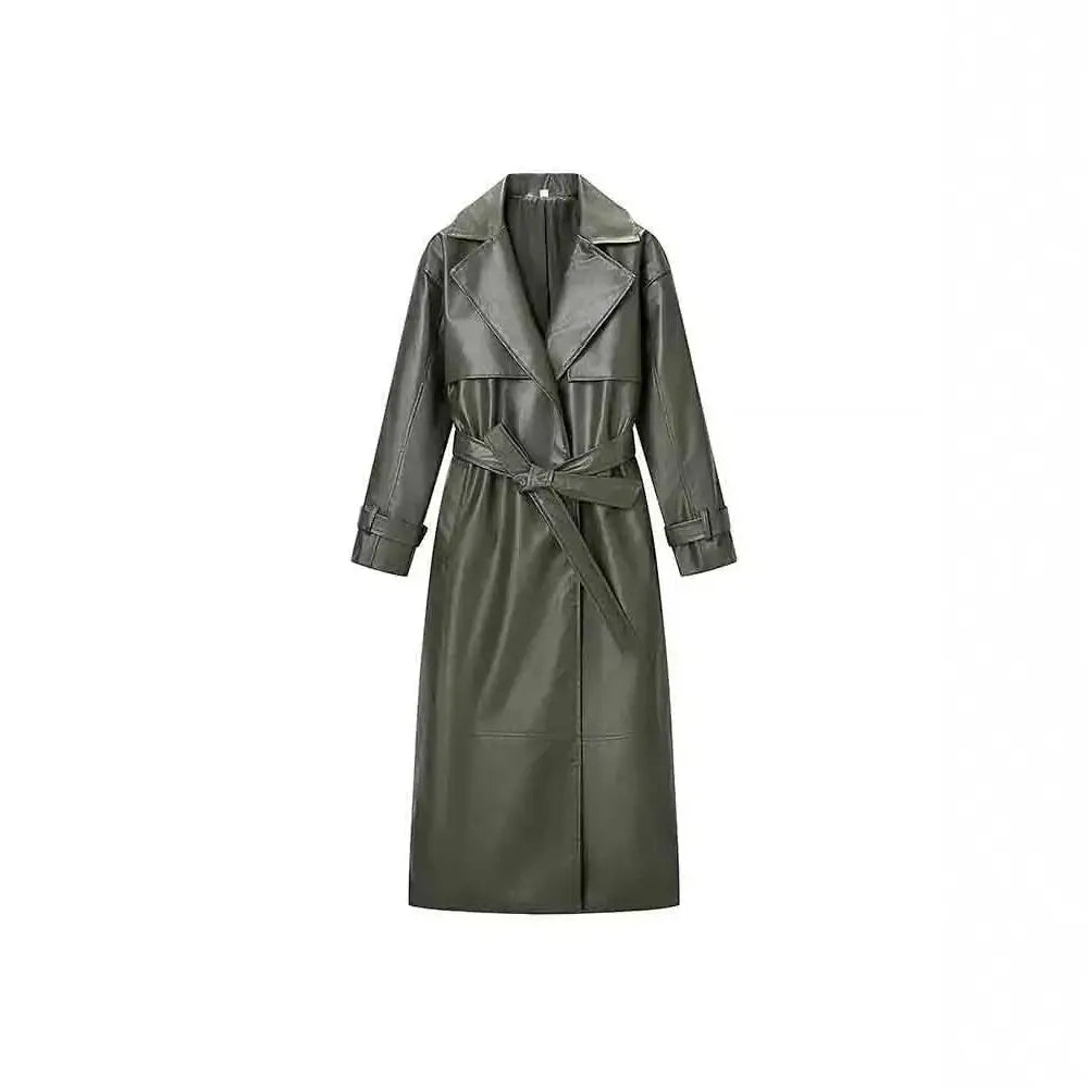 Olive green faux leather trench coat with belted waist and structured collar featured in burgundy jacket product page