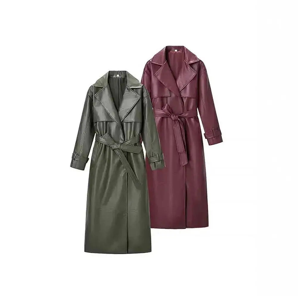 Two belted faux leather trench coats in olive green and burgundy with classic collars and waist belts