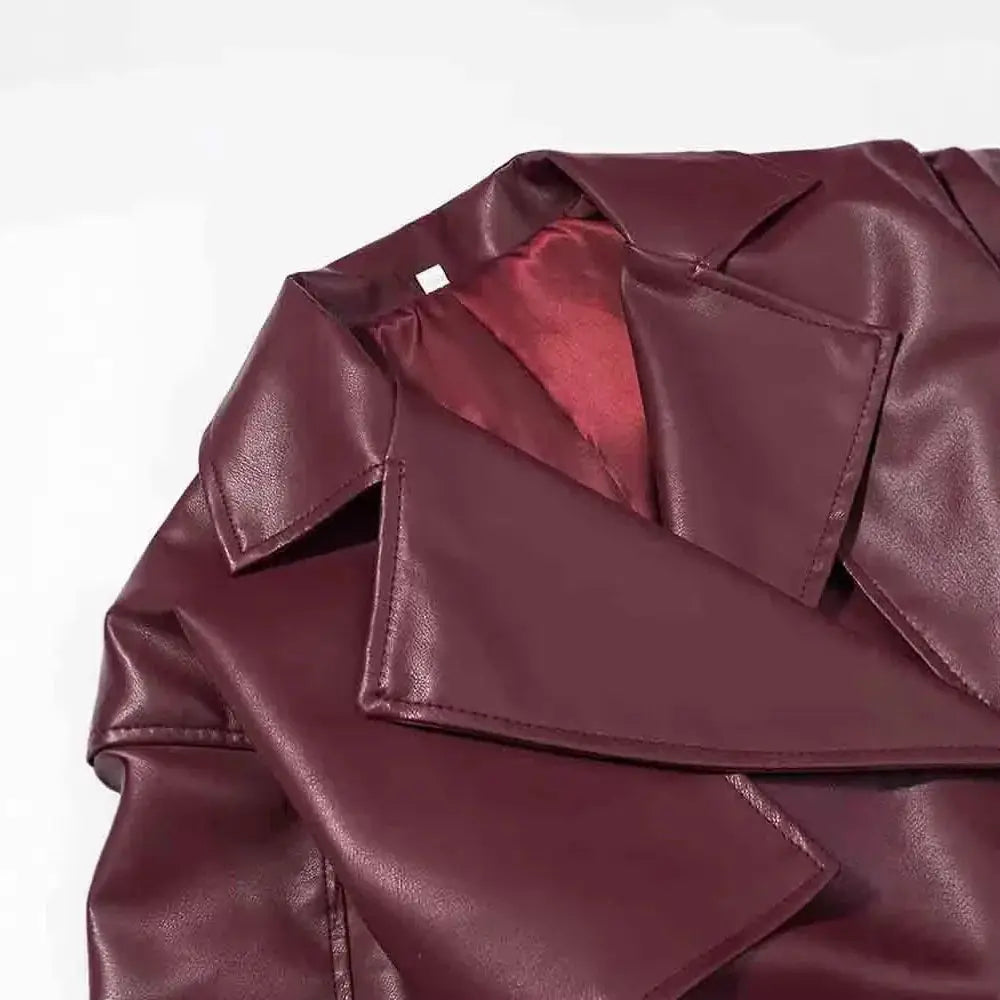 Burgundy belted faux leather trench jacket with rich burgundy color and satin-lined interior for stylish outerwear