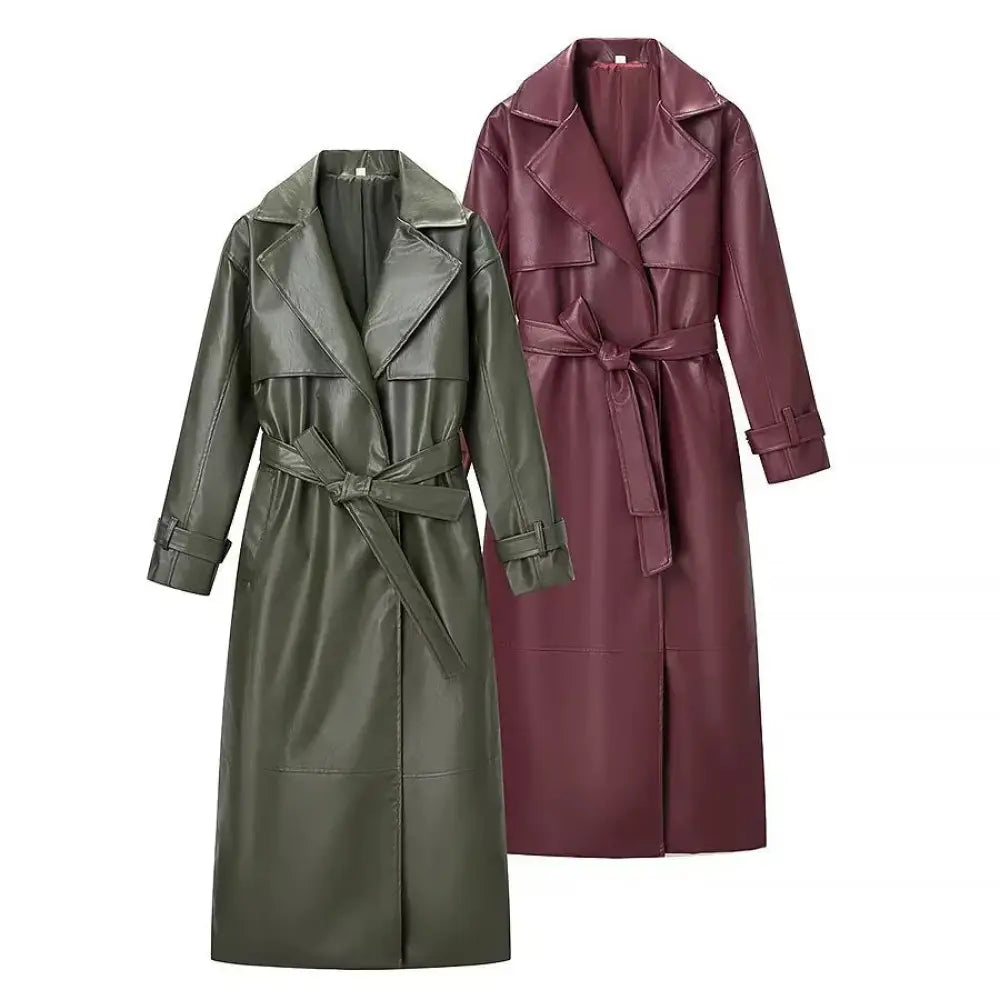 Olive green and burgundy belted faux leather trench coats with structured collars for stylish outerwear options