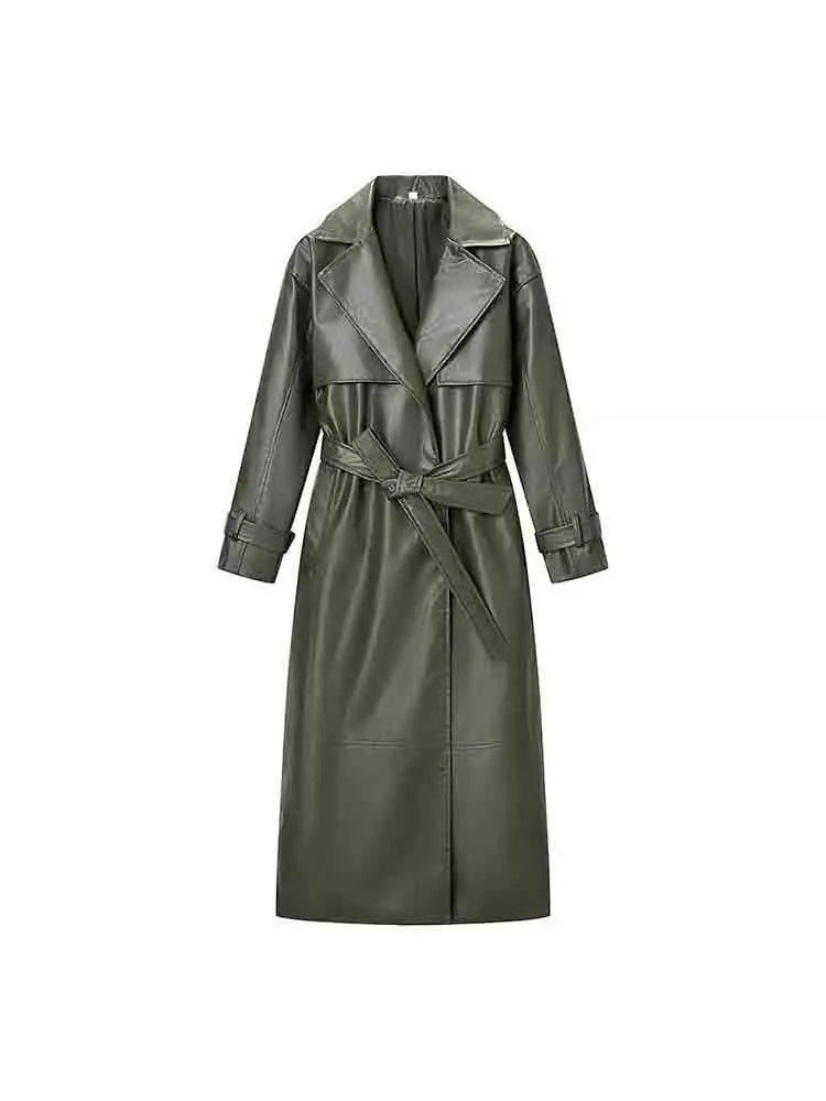 Olive green belted faux leather trench coat with classic collar featured in burgundy belted faux leather trench jacket product