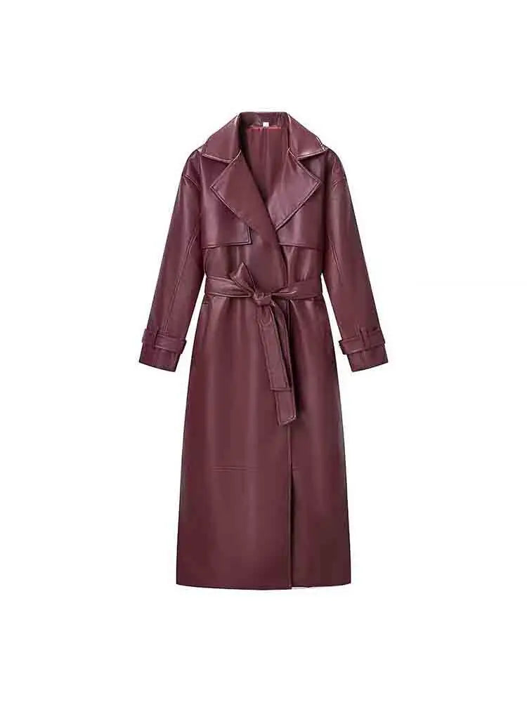 Burgundy belted faux leather trench jacket with a classic collar showcasing its rich color and structured design