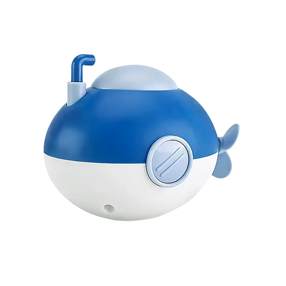 Blue and white plastic submarine baby bath toy with light blue periscope, circular porthole window, and small fin