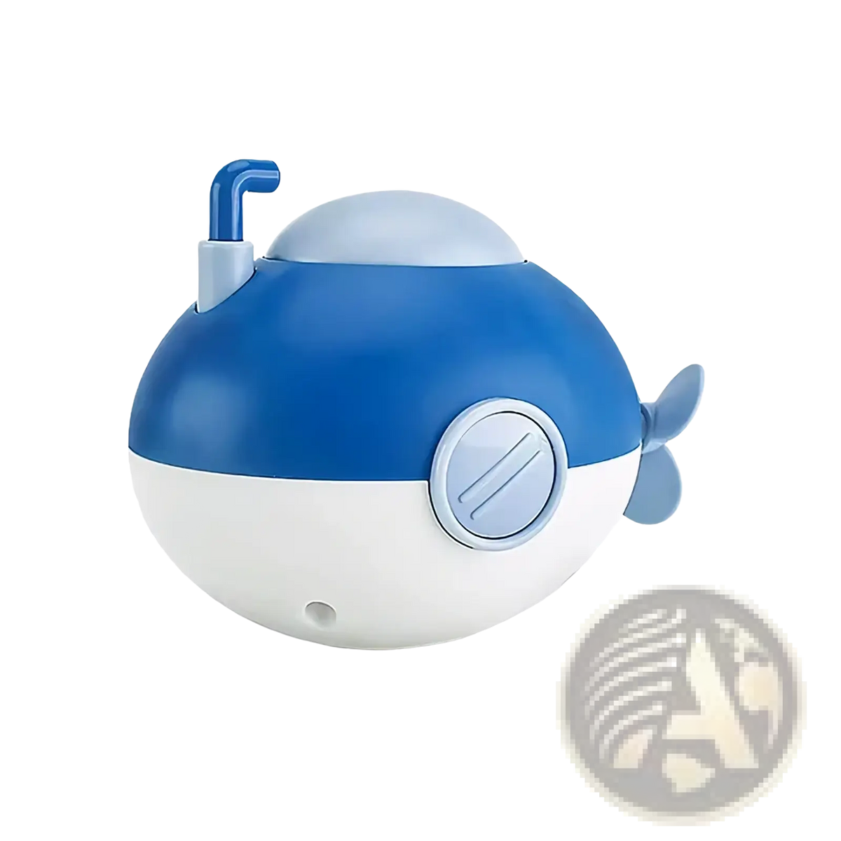 Blue and white plastic submarine baby bath toy with light blue periscope, circular porthole window, and small fin