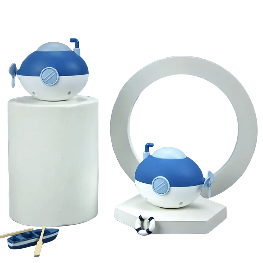 Blue and white spherical submarine baby bath toy with small side propellers and circular window detail
