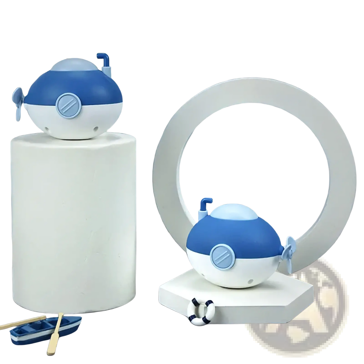 Blue and white spherical submarine baby bath toy with small side propellers and circular window detail