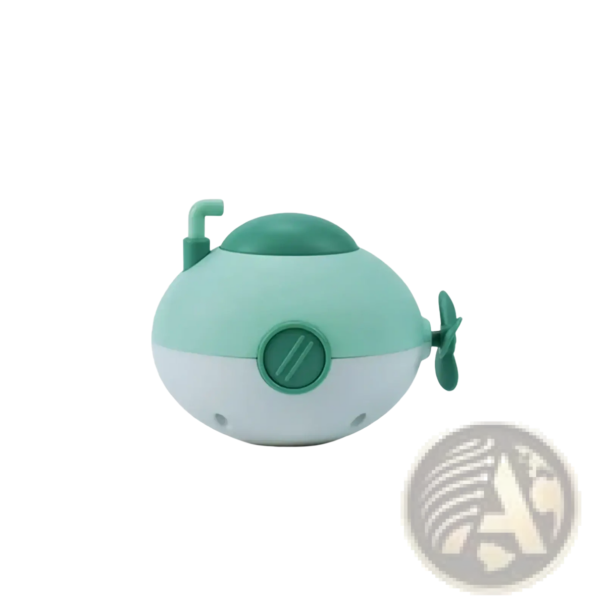 Submarine baby bath toy in mint green and light gray plastic with teal dome, periscope, and propeller features