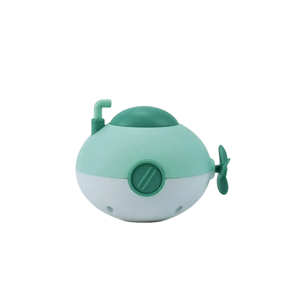 Submarine baby bath toy in mint green and light gray plastic with teal dome, periscope, and propeller features