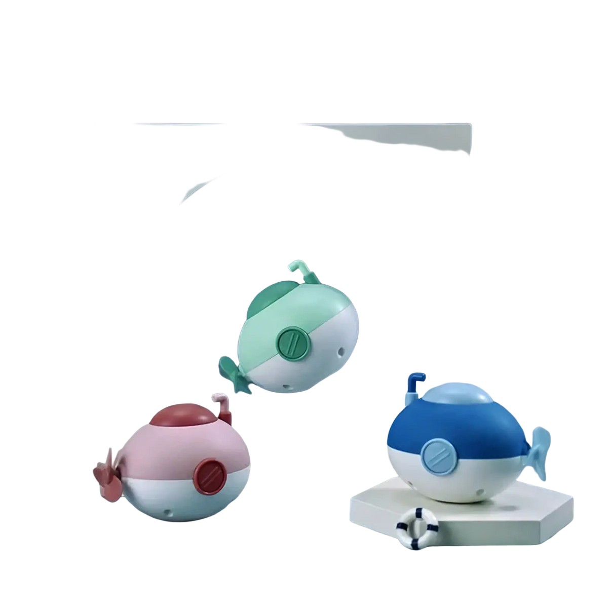 Pastel-colored plastic submarine baby bath toys with rounded bodies and propeller fins for infant play