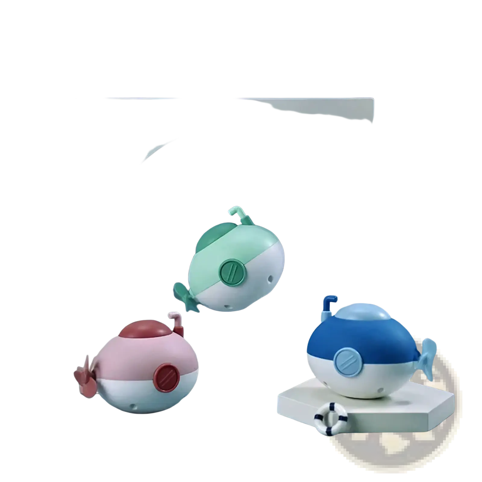 Pastel-colored plastic submarine baby bath toys with rounded bodies and propeller fins for infant play