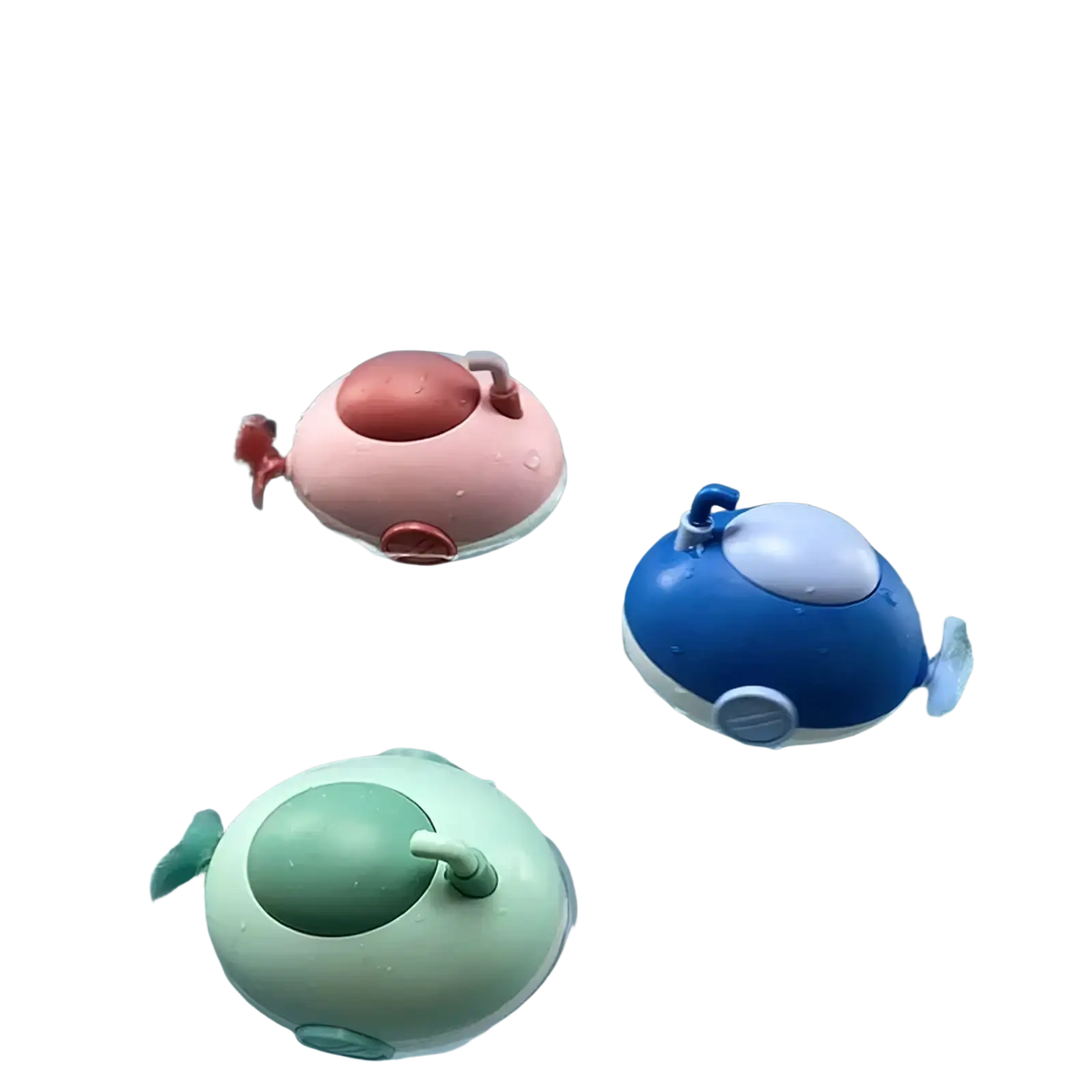 Pastel-colored round plastic submarine baby bath toys with playful designs and small fins for water play