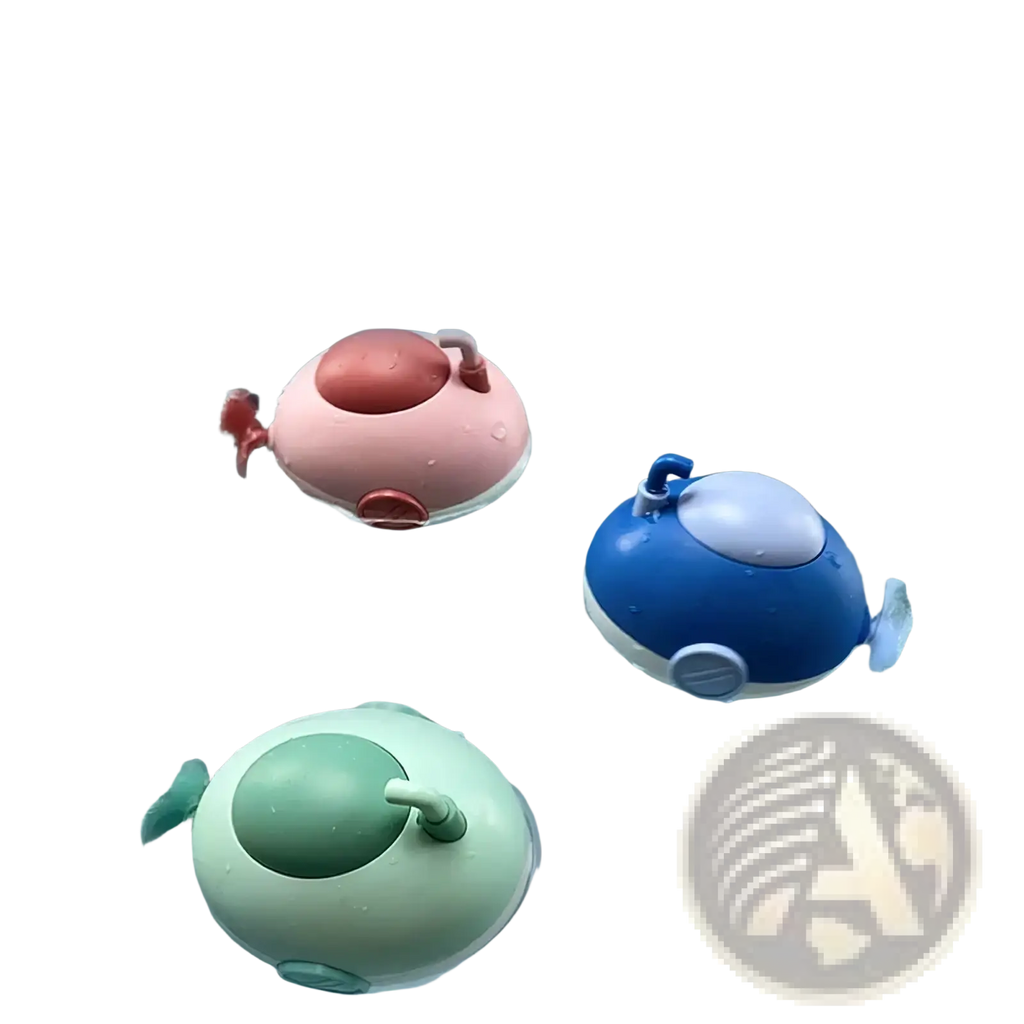 Pastel-colored round plastic submarine baby bath toys with playful designs and small fins for water play