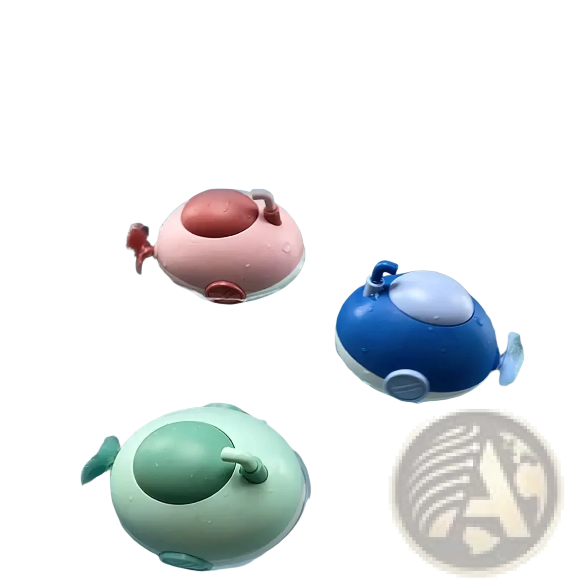 Pastel-colored round plastic submarine baby bath toys with playful designs and small fins for water play