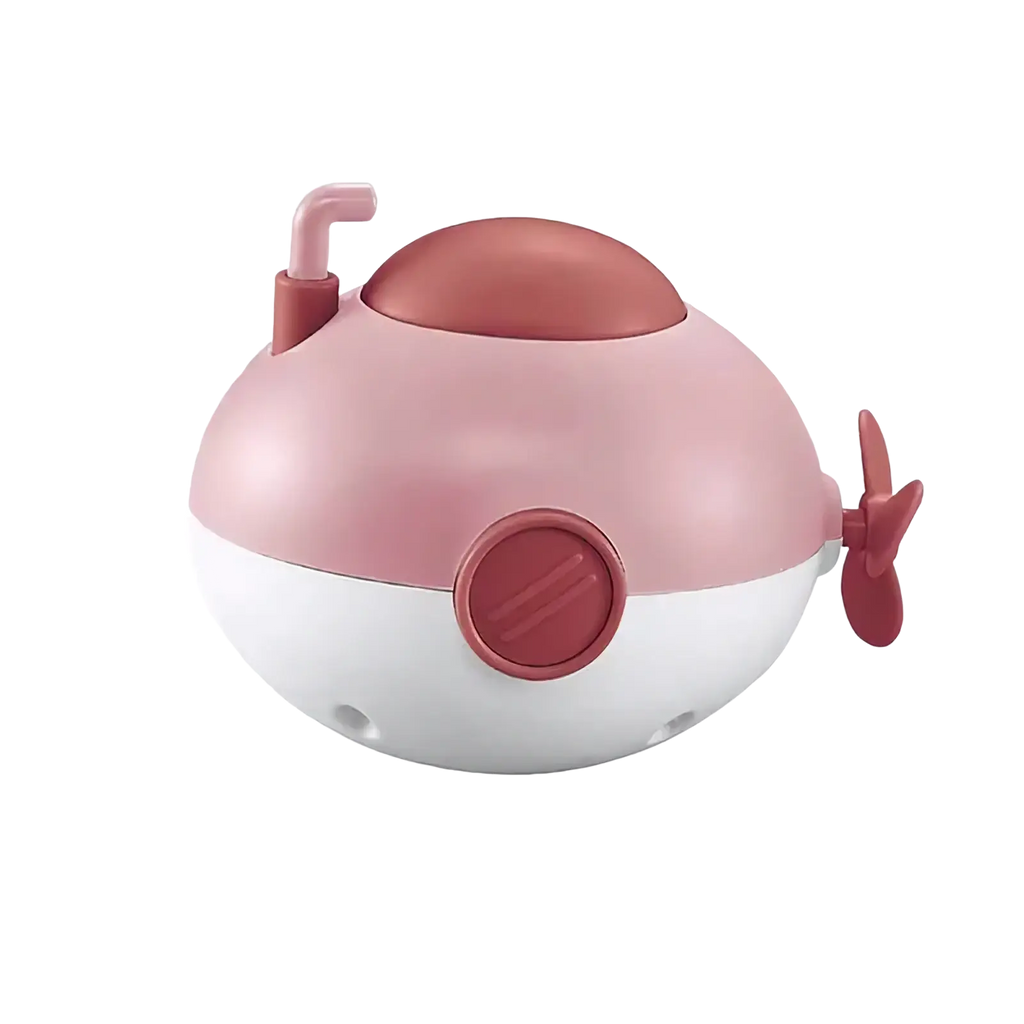 Pink and white plastic submarine baby bath toy with red propeller periscope and circular panel