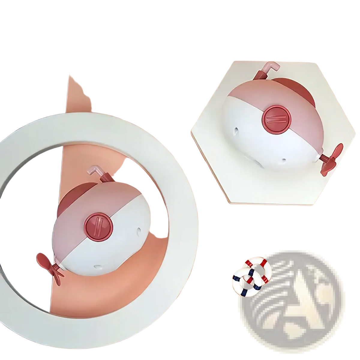 Submarine baby bath toy in pink and white with red accents featuring a central button and small propeller appendages