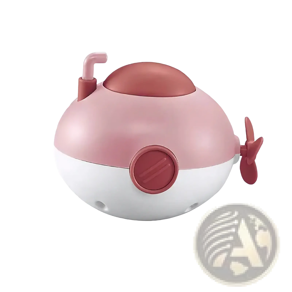 Pink and white plastic submarine baby bath toy with red propeller periscope and circular panel