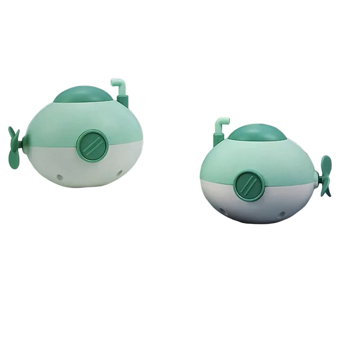 Two mint green and white plastic submarine baby bath toys with small side propellers for water play