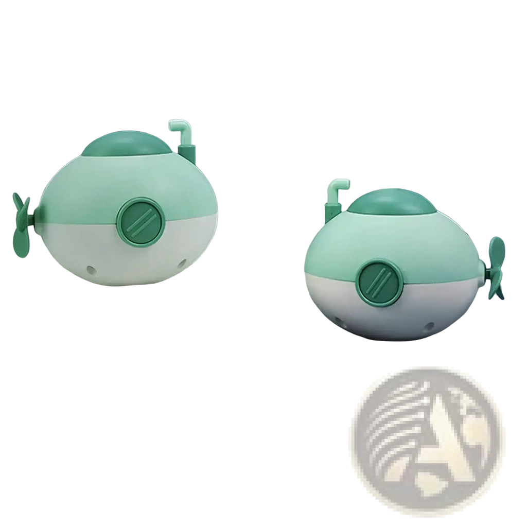 Two mint green and white plastic submarine baby bath toys with small side propellers for water play