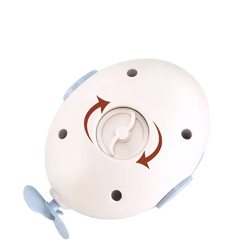 White plastic submarine baby bath toy with propeller and suction cups for attachment shown from the back side