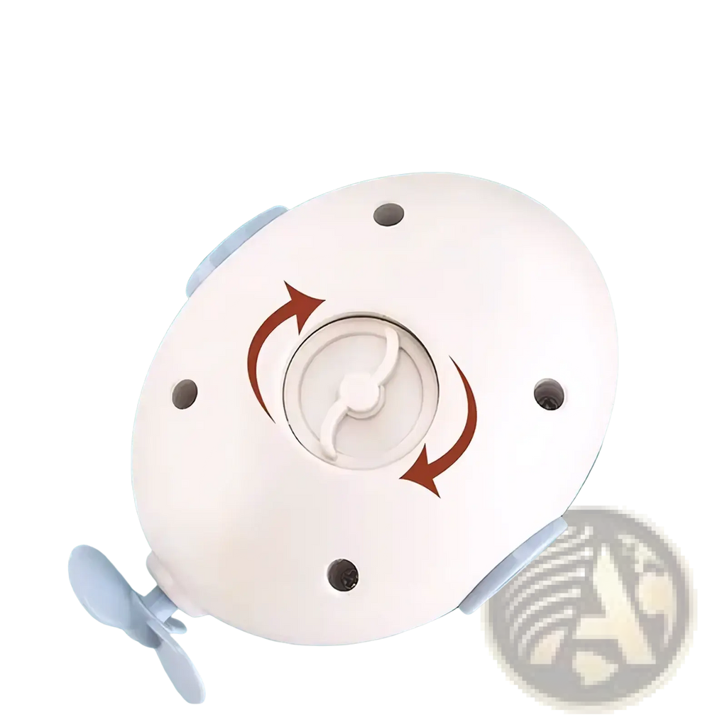 White plastic submarine baby bath toy with propeller and suction cups for attachment shown from the back side