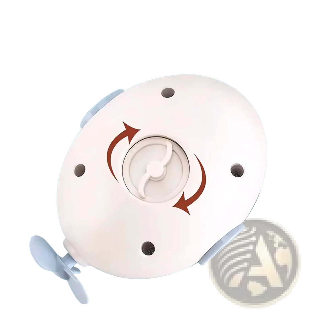 White plastic submarine baby bath toy with propeller and suction cups for attachment shown from the back side