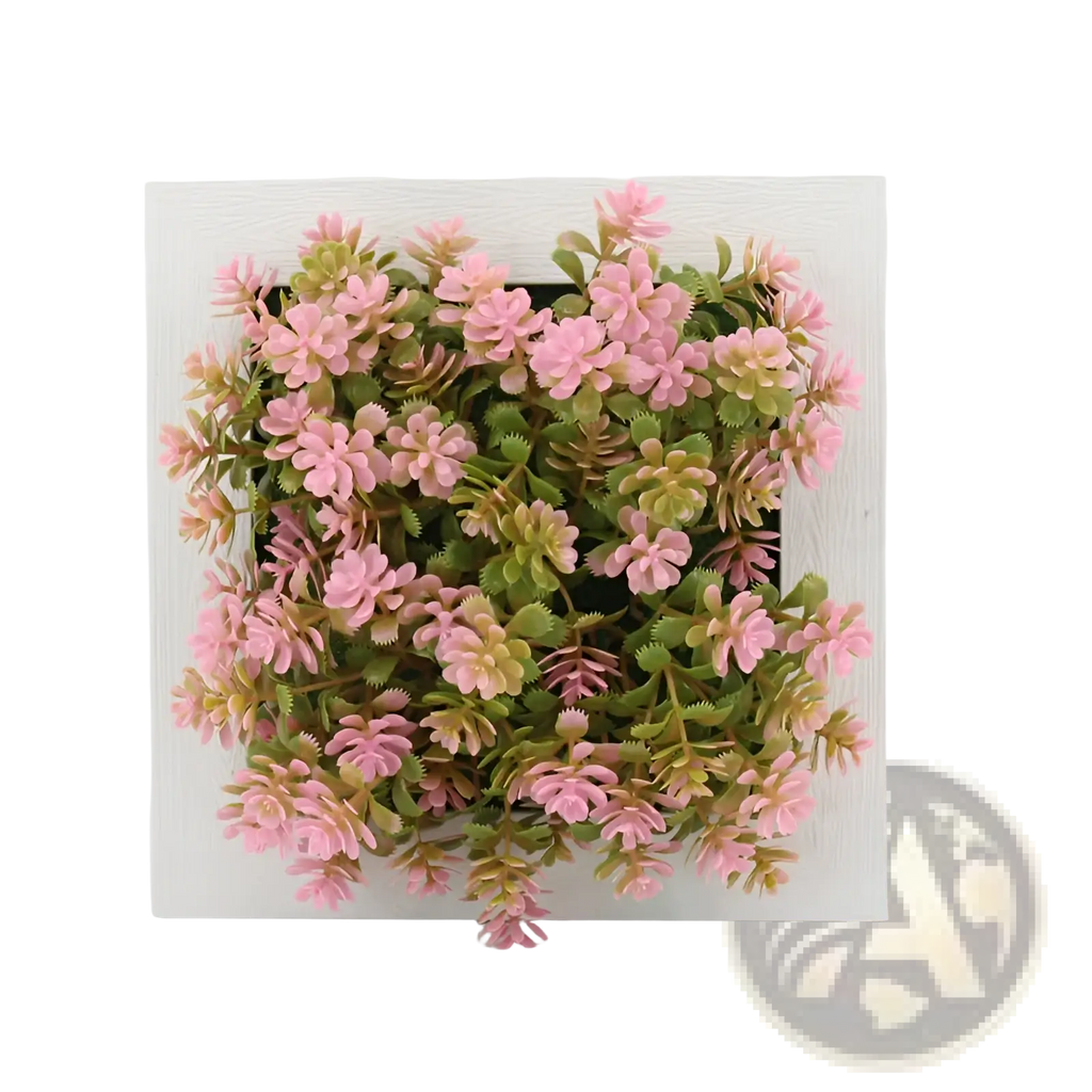 Succulent wall decor with 3d pink and green artificial hanging plants in a white wooden frame