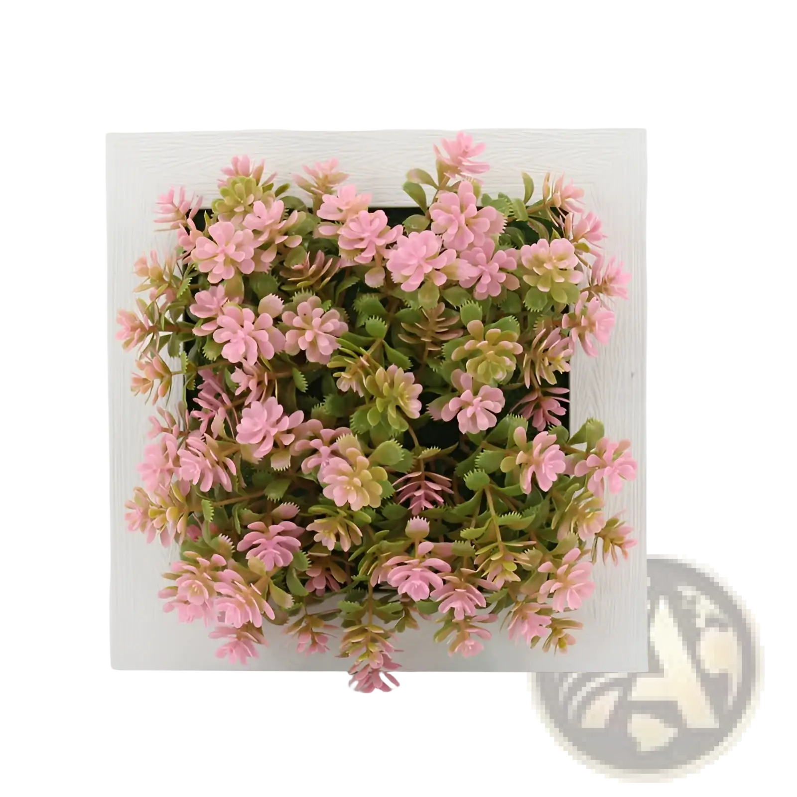 Succulent wall decor with 3d pink and green artificial hanging plants in a white wooden frame