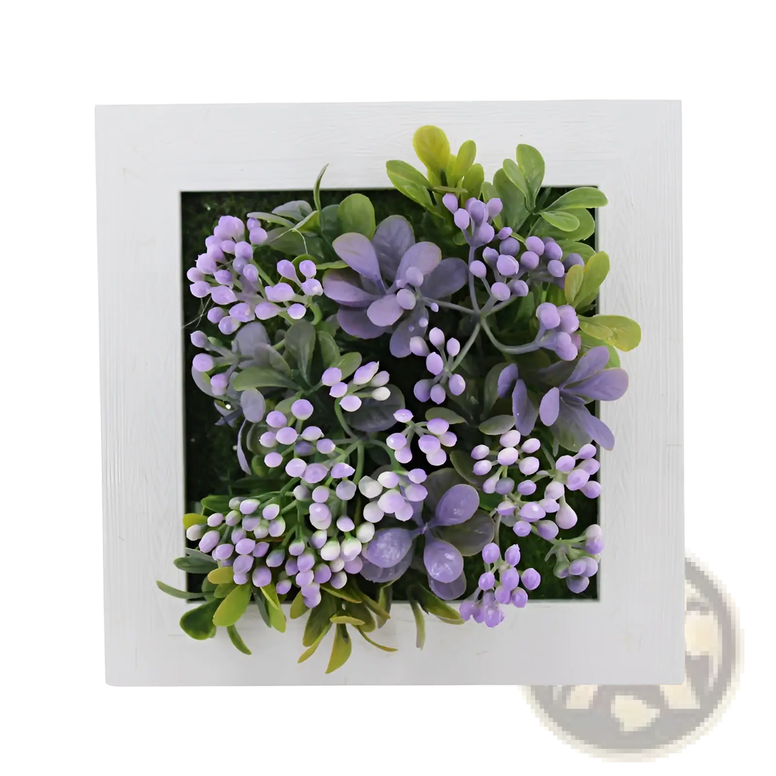 Succulent wall decor featuring purple and green artificial 3d succulent plants in a white square frame