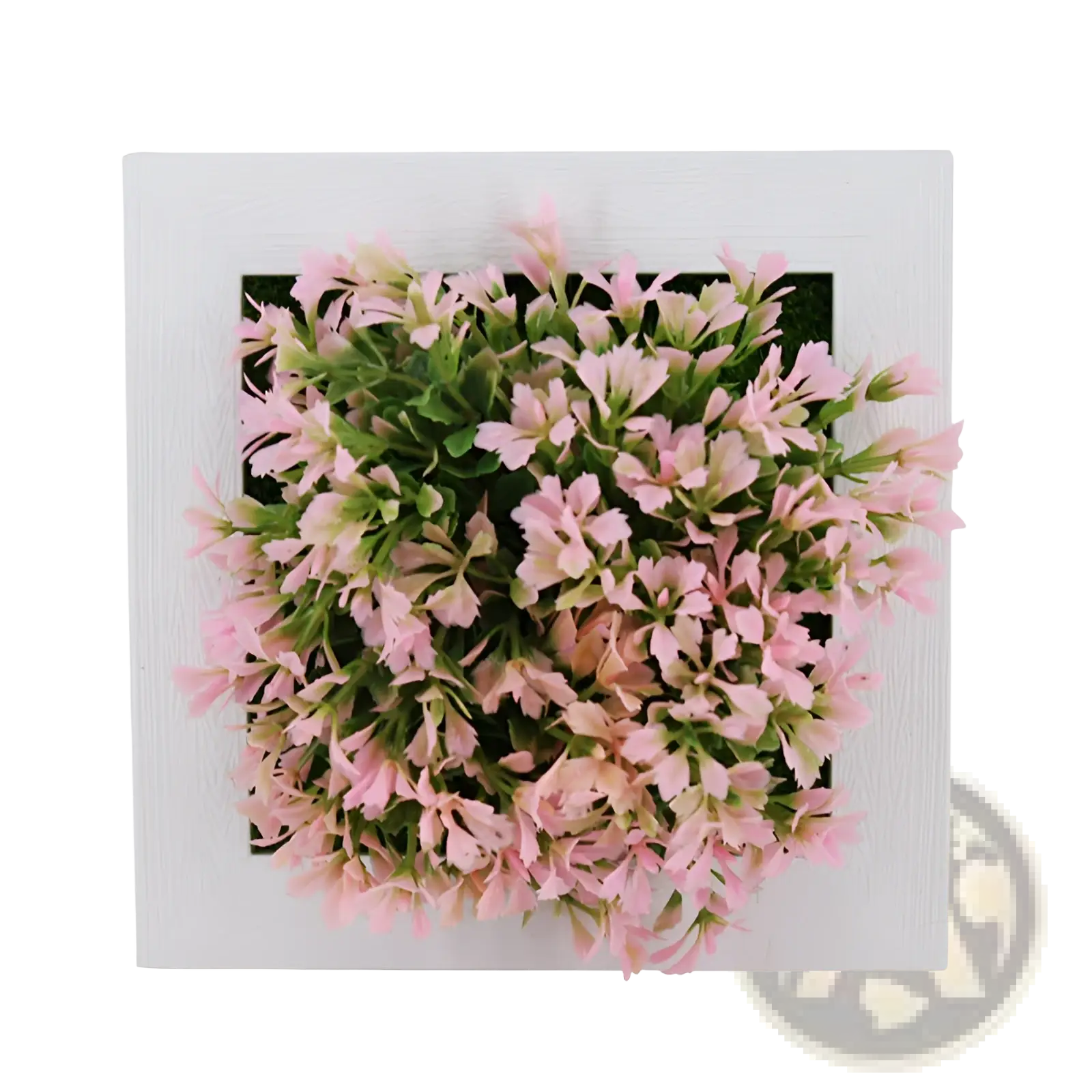 Succulent wall decor featuring pink artificial flowers and green foliage in a white square frame for hanging display