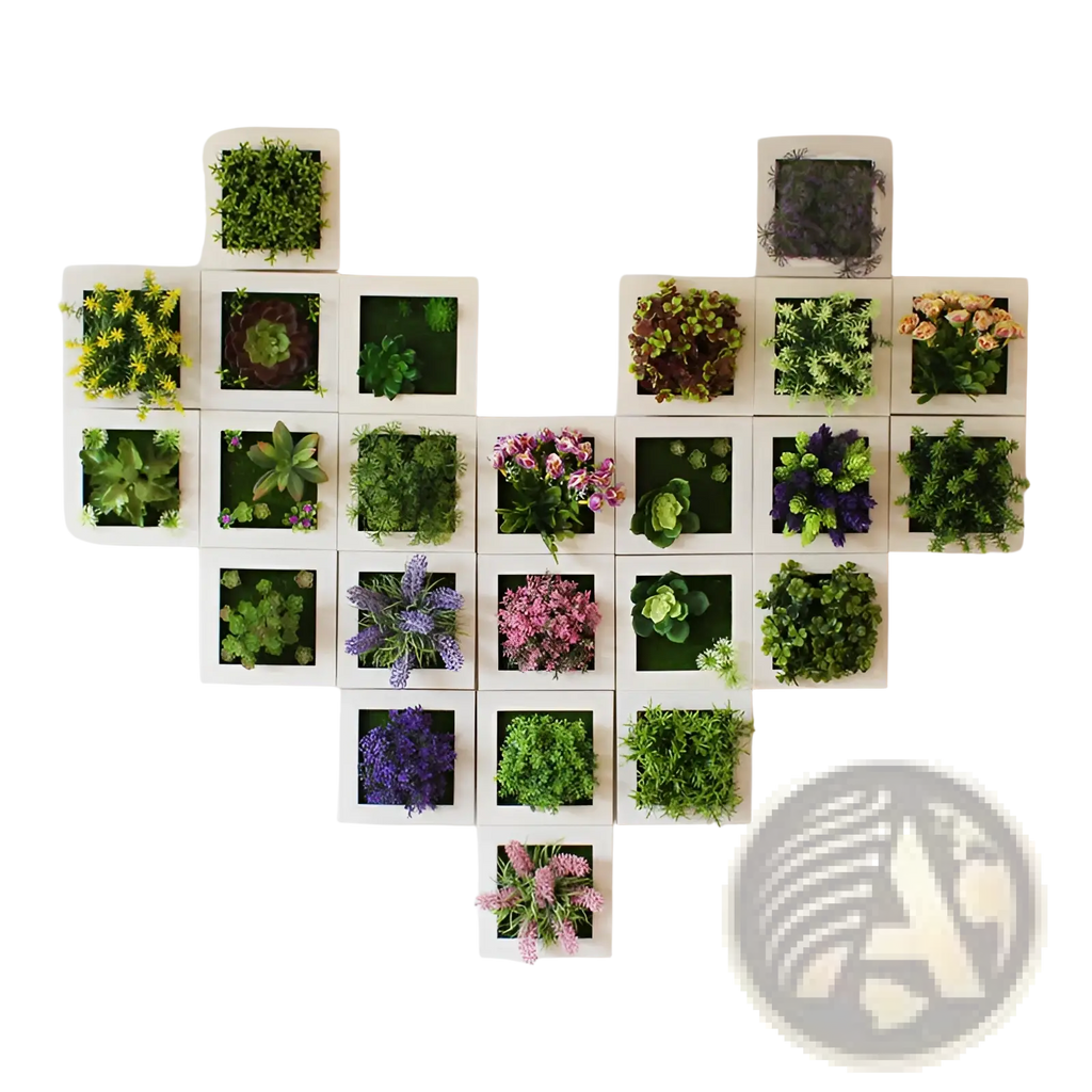 Succulent wall decor featuring a heart-shaped arrangement of white square frames with vibrant 3d artificial succulents