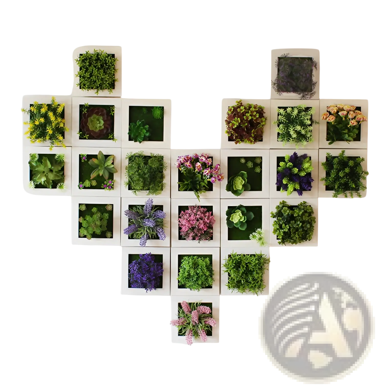 Succulent wall decor featuring a heart-shaped arrangement of white square frames with vibrant 3d artificial succulents