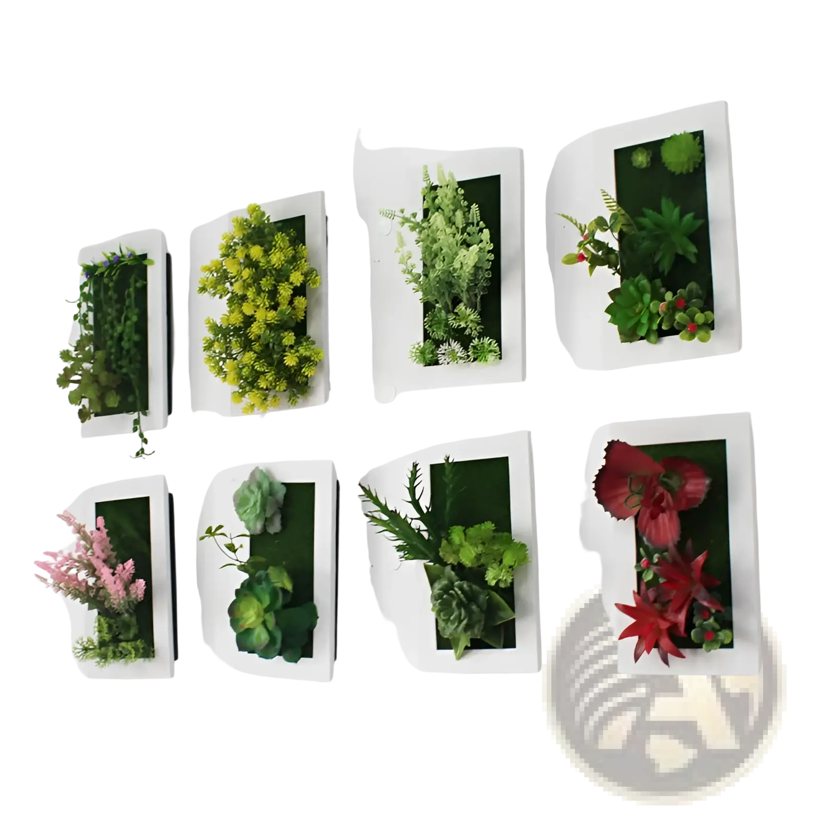 White rectangular wall-mounted planters with artificial succulent plants in green yellow pink and red for wall decor