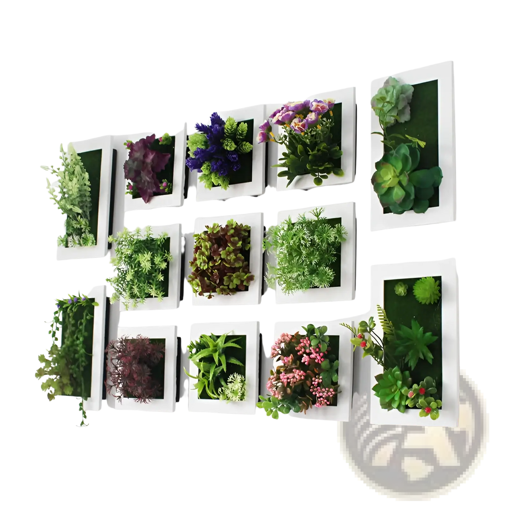 White-framed wall-mounted succulent wall decor featuring 3d artificial hanging plants in green purple and pink hues