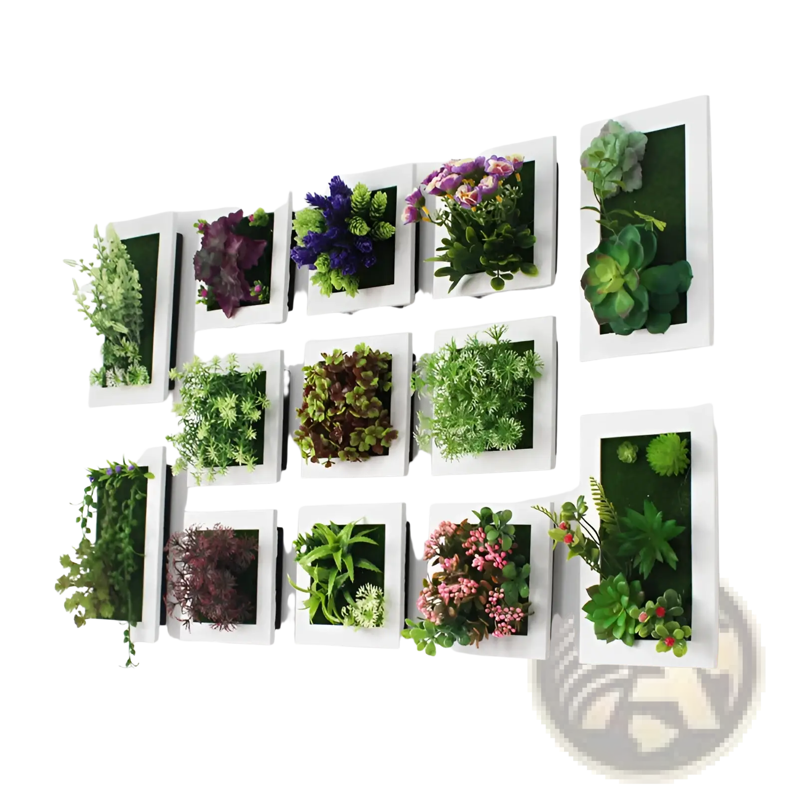 White-framed wall-mounted succulent wall decor featuring 3d artificial hanging plants in green purple and pink hues