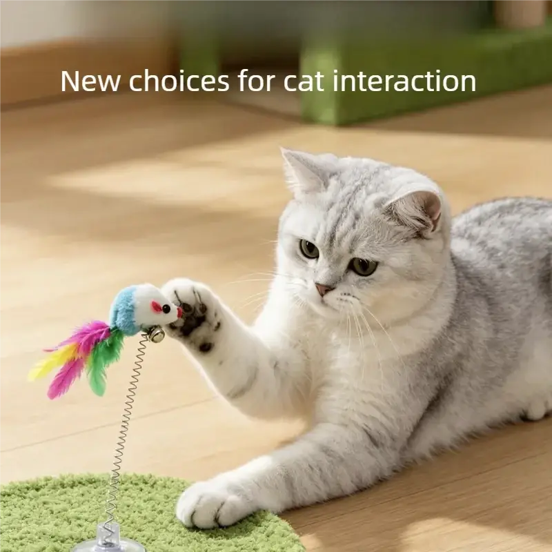 Colorful feathered suction cup mouse toy with spring mechanism and bell sound for interactive cat play