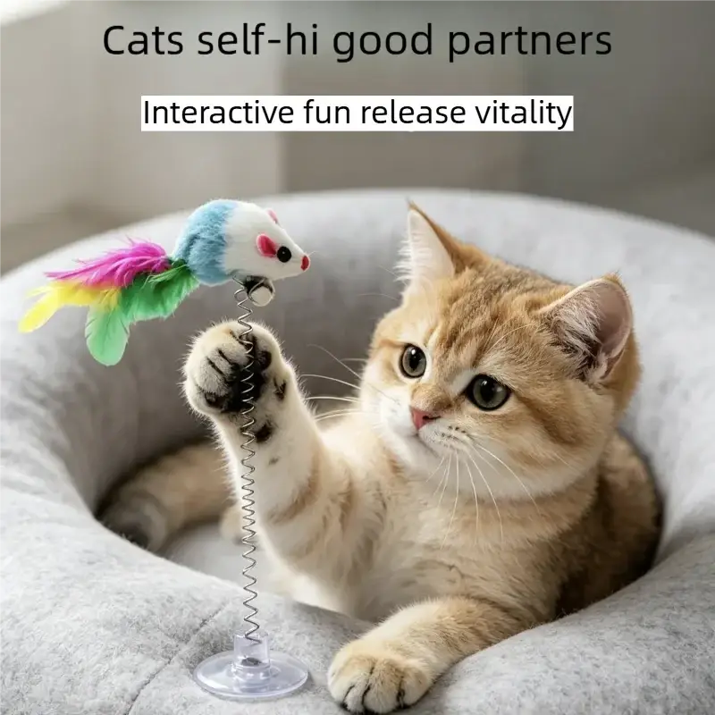A colorful plush mouse toy with suction cup base spring mechanism and rainbow feathers for interactive play