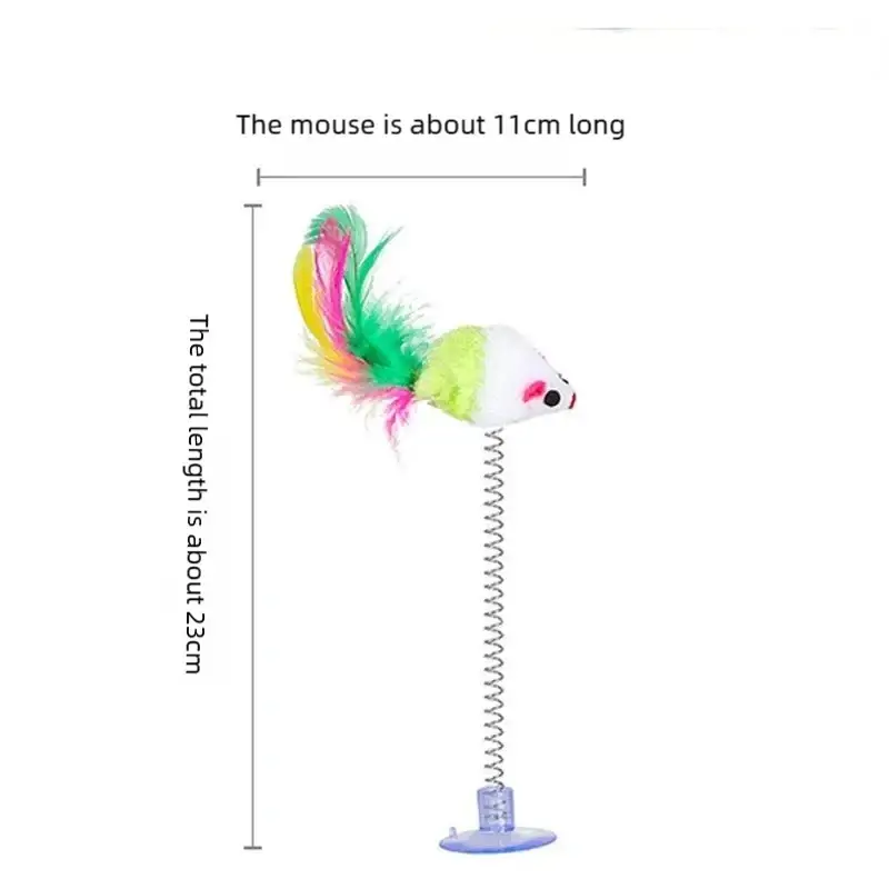 Colorful plush mouse toy with suction cup base, spring stand, green body, white face, and rainbow feather tail
