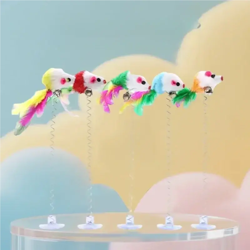 Five colorful suction cup mouse toys with spring, feather tails, and small bells producing bell sound