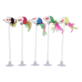 Five colorful plush mouse toys with feathery tails and bells on coiled metal springs in suction cup stands