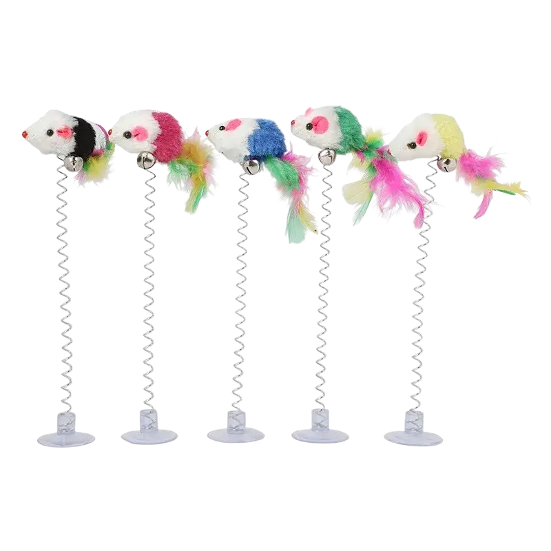 Five colorful plush mouse toys with feathery tails and bells on coiled metal springs in suction cup stands
