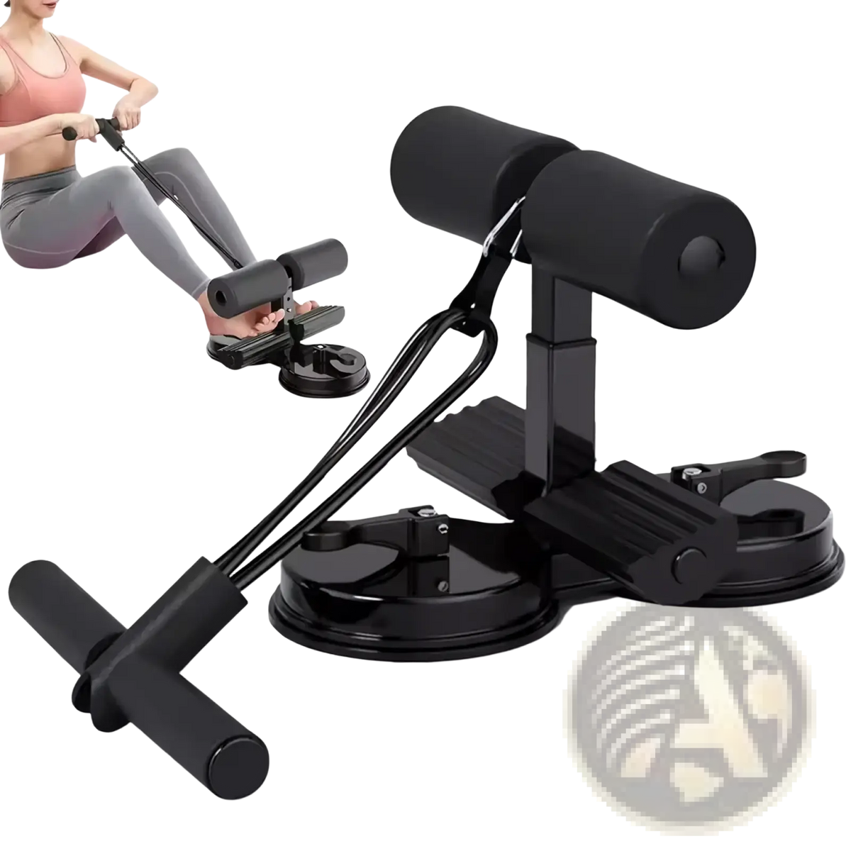 Black suction cup sit up assist bar with padded handles and adjustable resistance for abdominal exercise