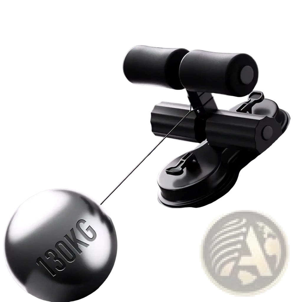 Black suction cup sit up bar with adjustable ankle support and 130kg metallic weight ball attached by cable
