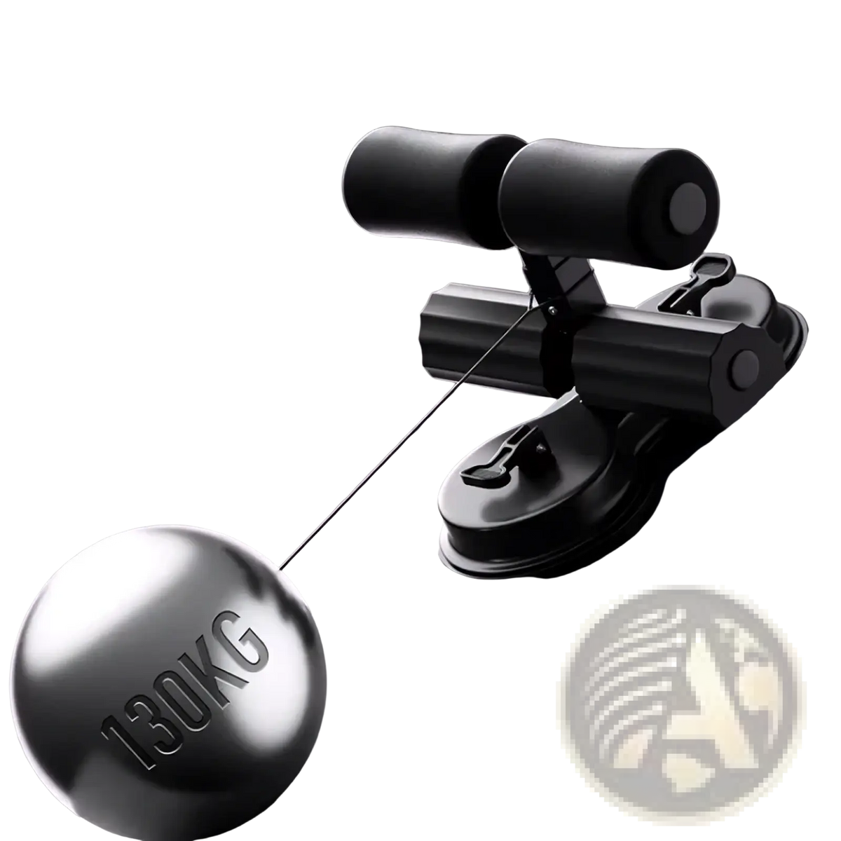 Black suction cup sit up bar with adjustable ankle support and 130kg metallic weight ball attached by cable