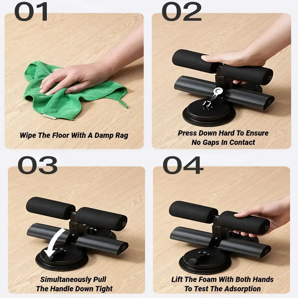 Black foam-handled abdominal exerciser with suction cup base for adjustable ankle support sit up bar
