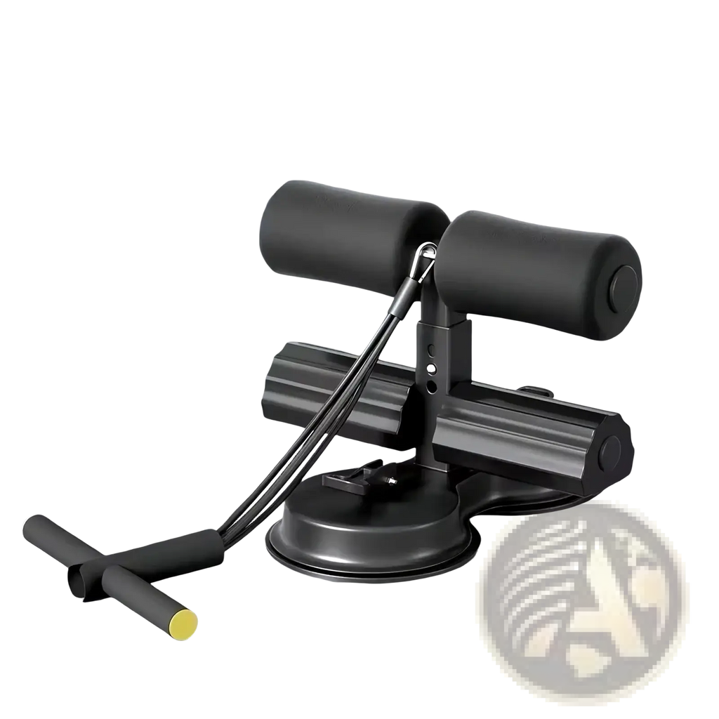 Black rubberized padded ab roller with adjustable resistance bands and suction cup base for sit up bar ankle support