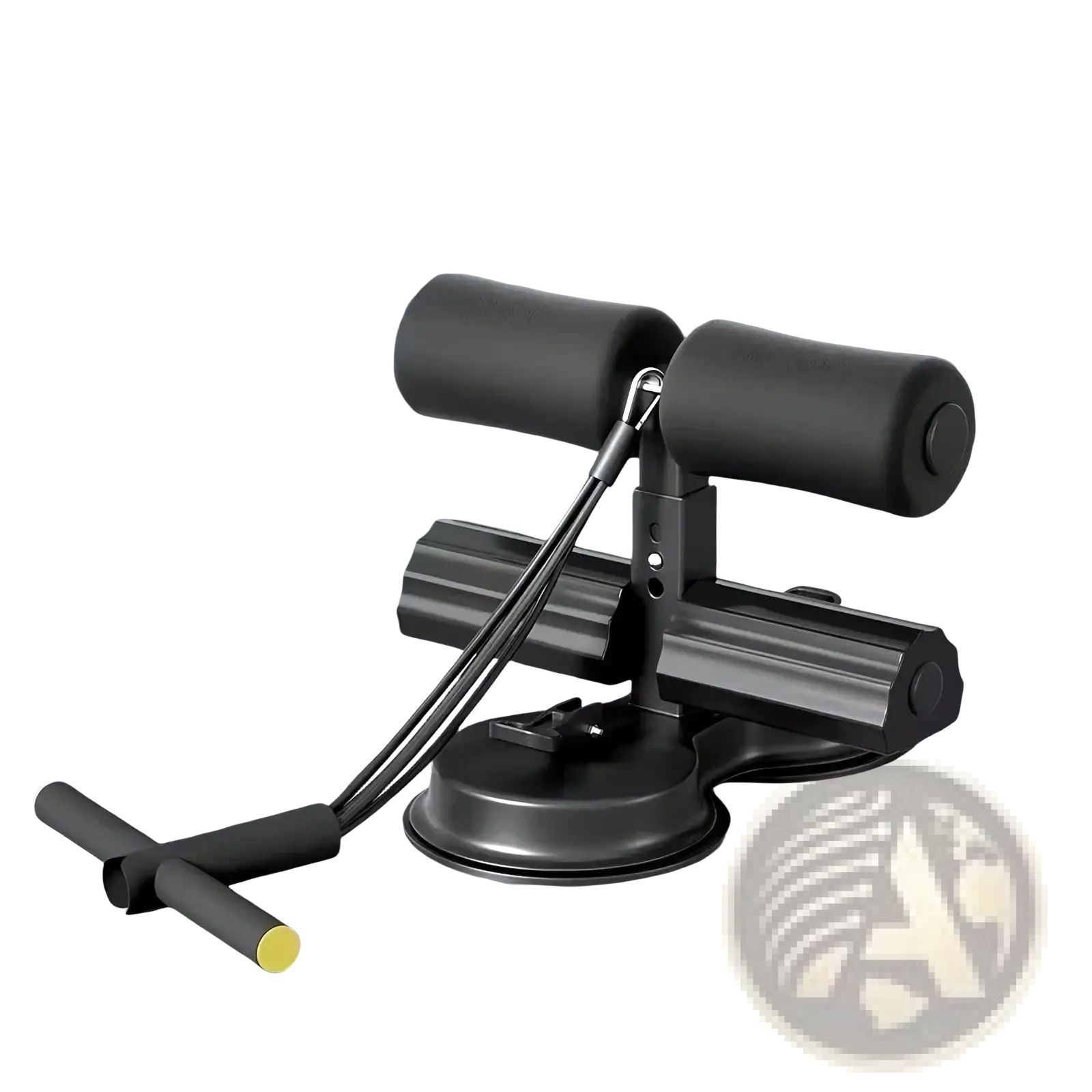 Black rubberized padded ab roller with adjustable resistance bands and suction cup base for sit up bar ankle support