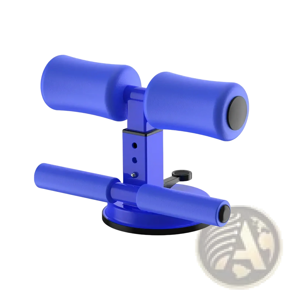 Blue plastic suction sit up bar fitness trainer ab roller with two padded handles and suction cup base for stability
