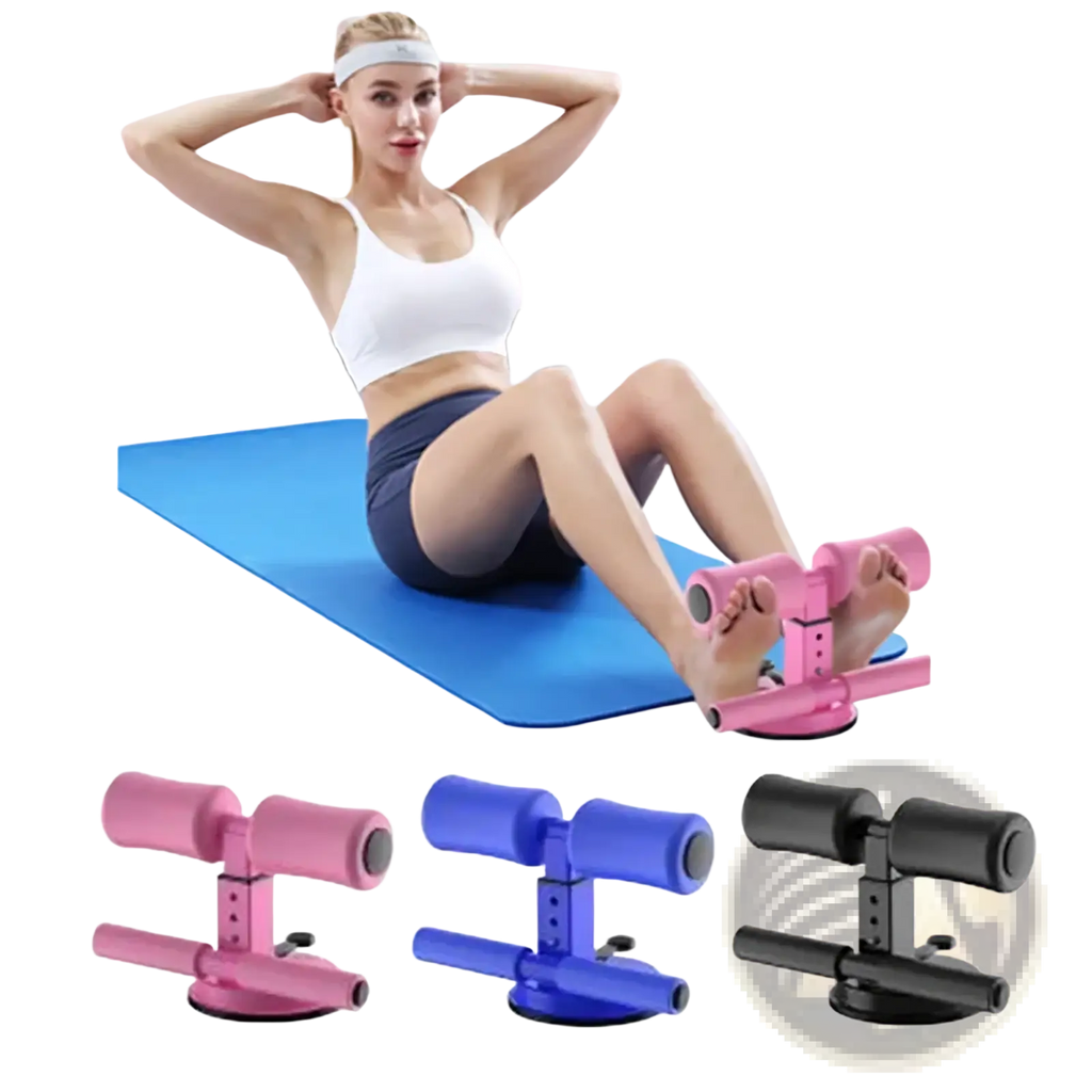 Pink plastic suction sit up bar fitness trainer with suction cup base and adjustable footrest for abdominal workouts